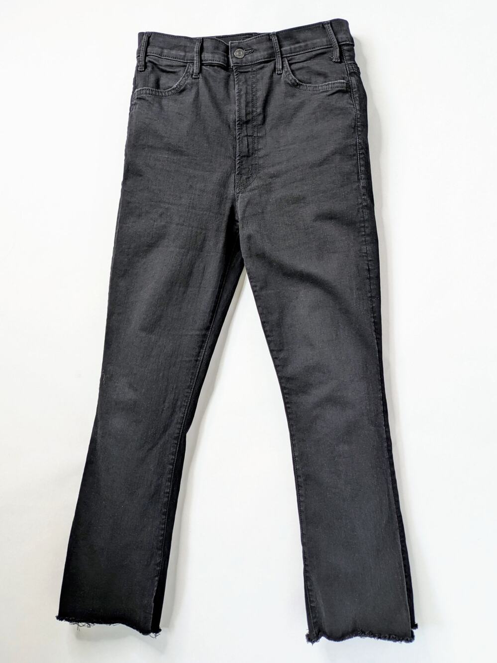 MOTHER Hustler Ankle Fray Jeans 30 Black High Rise Cropped Flare Raw Hem Fray